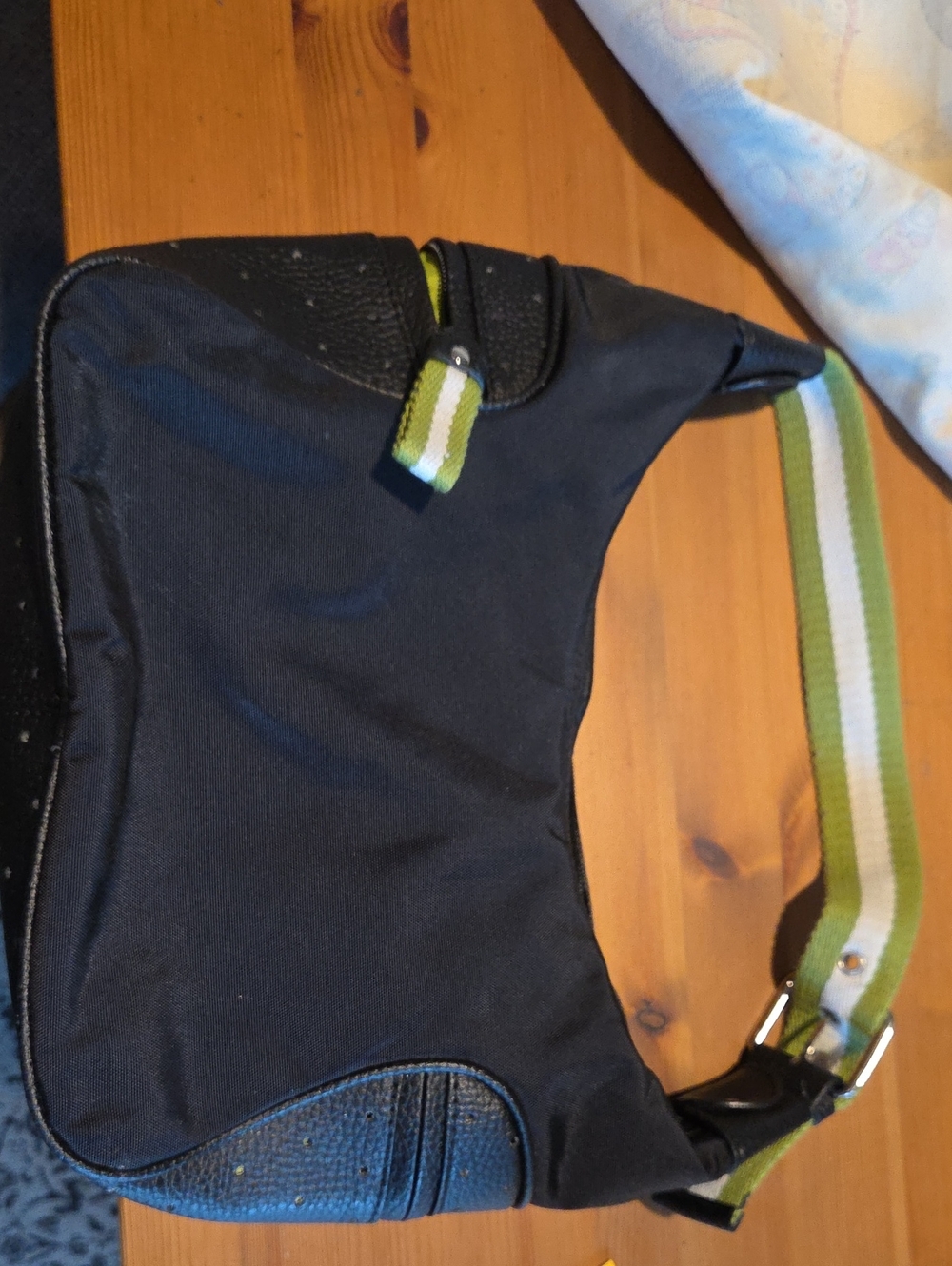 Black Shoulder Bag with Green-Striped Strap